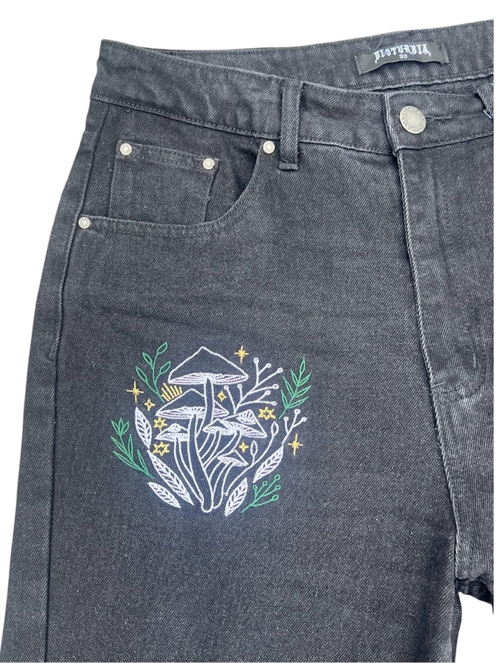 DISTURBIA Goth Embroidered Mycena Mushroom Mom Jeans Black 30 (US 8). - Picture 7 of 11